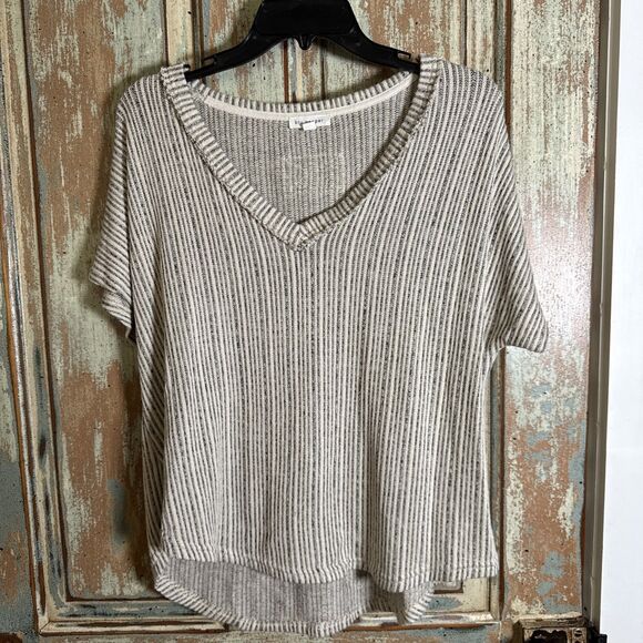 Blu Pepper Large Super Soft Gray And Cream Striped Short Sleeve Knit Top V-Neck - Picture 2 of 11